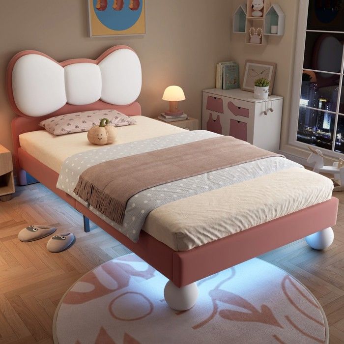 Lit rembourré simple enfant avec tête de lit éclairage LED sommier à lattes velours beige rose design moderne 90x200cm Lit rembourré simple enfant avec tête de lit éclairage LED sommier à lattes velours beige rose design moderne 90x200cm