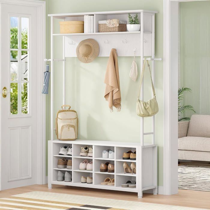 Banc porte-manteau 14 compartiments avec range-chaussures - blanc panneau de particules cadre métallique 31 x 110 x 50 cm