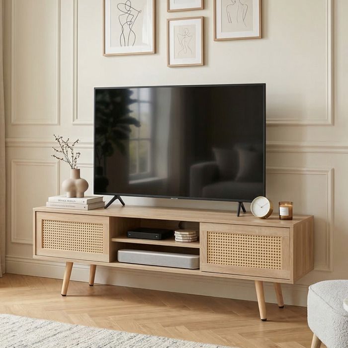 Meuble TV 2 Portes Coulissantes en Rotin et 3 Étagères Réglables - HAVRYA - MDF Bois Naturel 140×40×46 5 cm
