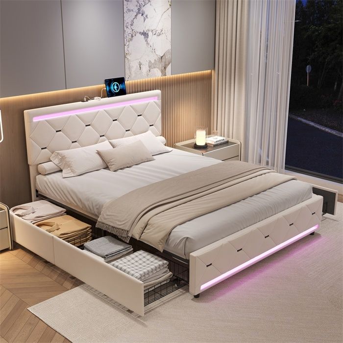 Lit 160x200cm - Lit double 160x200cm - Lit avec grand coffre de rangement 4 tiroirs prises USB et LED RGB - Beige
