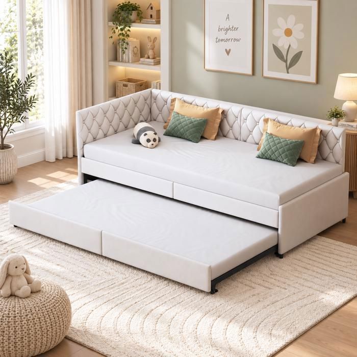 Lit capitonné 90×200 cm canapé-lit extensible tête de lit rembourrée lit gigogne lit de jour 2 en 1 Sommier à lattes Velours Beige