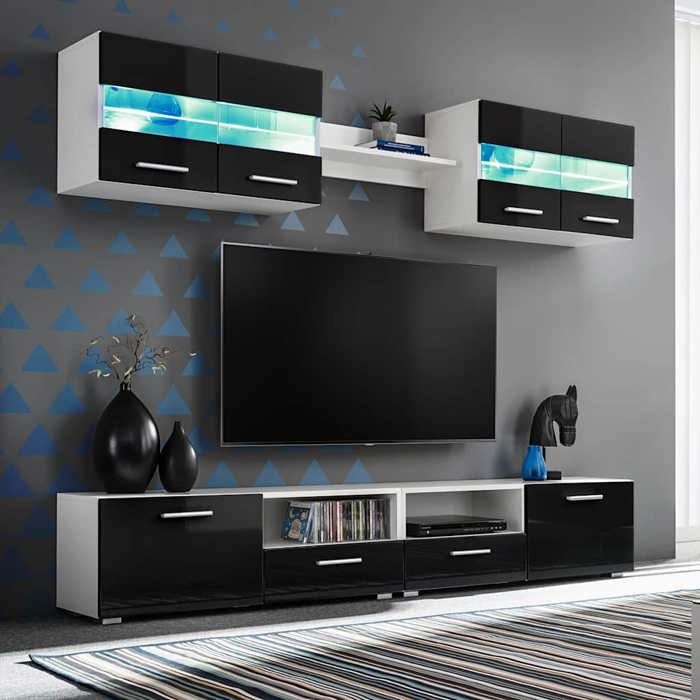 vidaXL Meuble TV Mural Design avec Éclairage LED Noir Brillant Ensemble 5 Pièces Salon