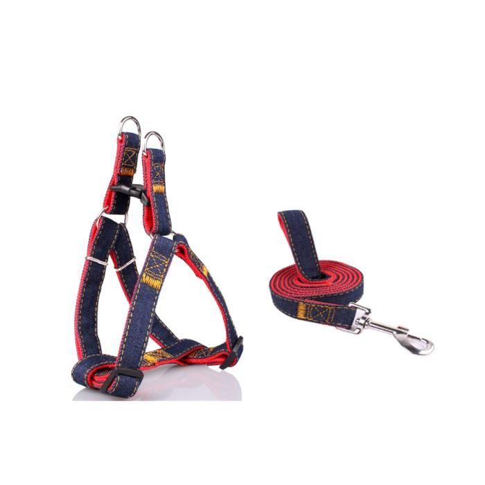 Harnais et Laisse Double Couche en Jean Denim Bleu et Corde Rouge Robuste et Durable, Taille Medium Réglable Convient pour Tailles d