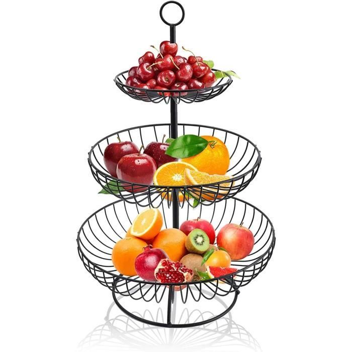 Corbeille à Fruits Noire 2 Étages - Panier Métal Moderne Pour Fruits, Légumes, Pain Et Collations