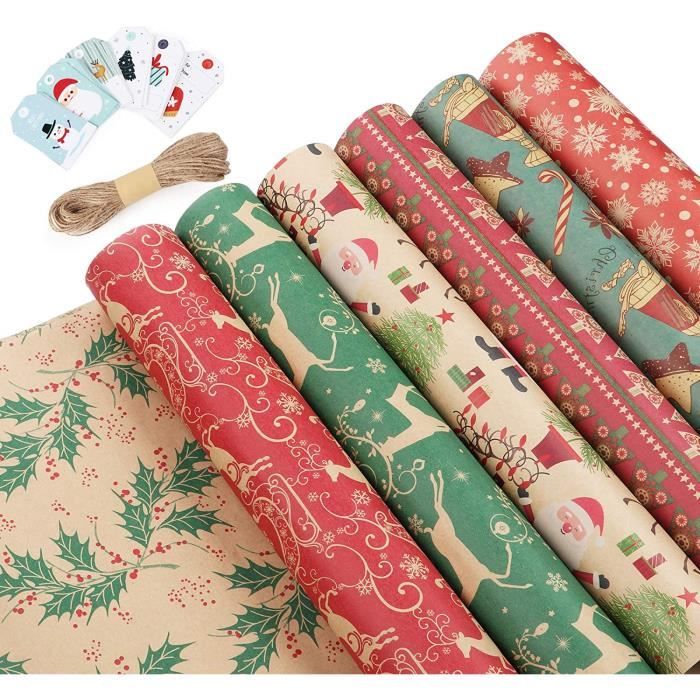 6 Feuilles Kraft Papier Cadeau De Noël, 70x50 Cm Pliable Papier