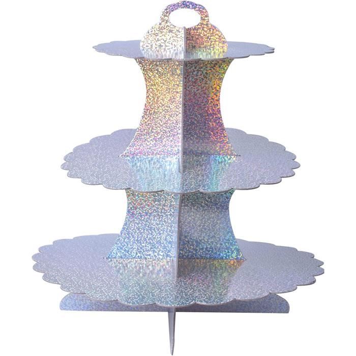 2 Tours à Cupcakes 3 Niveaux En Carton - Argent, Diamètres 16/23/30 Cm, Hauteur 32,5 Cm, Réutilisable