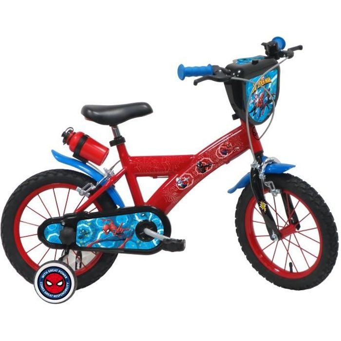 Vélo enfant 14'' Garçon SPIDERMAN Pour enfant 90 cm à 105 cm équipé de 2 freins, plaque avant, stabilisateurs amovibles