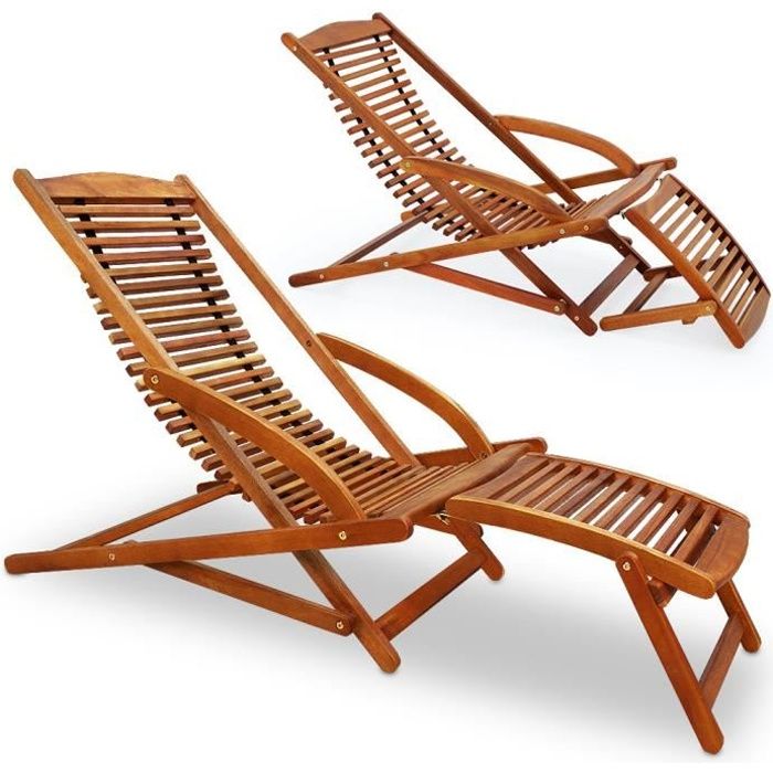 CASARIA® 2x Chaises longues en bois dacacia Bain de soleil ergonomique avec appui tête Transat jardin Repose pieds amovible