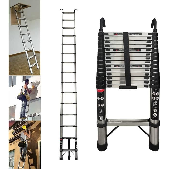 Échelle Télescopique 44M 144FT en Acier inoxydable Argent avec Crochets de Toit Telescopic Ladder Pliable Extensible Échelles