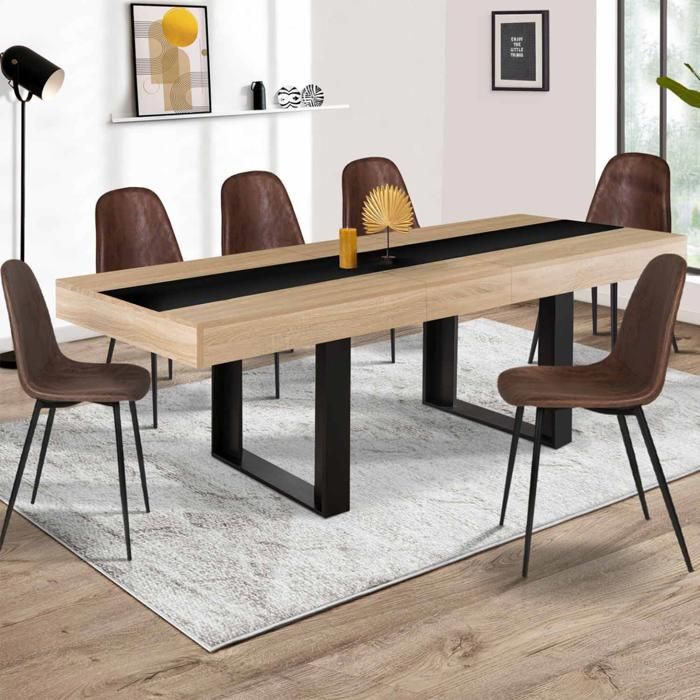 IDMARKET Table à manger extensible rectangle PHOENIX 4-8 personnes bois et noir bande centrale noire 160-200 cm