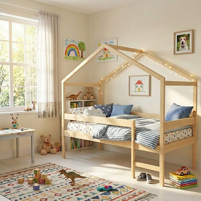 Lit cabane MIKA 90x190 + sommier / Bois clair Lit cabane MIKA 90x190 + sommier / Bois clair