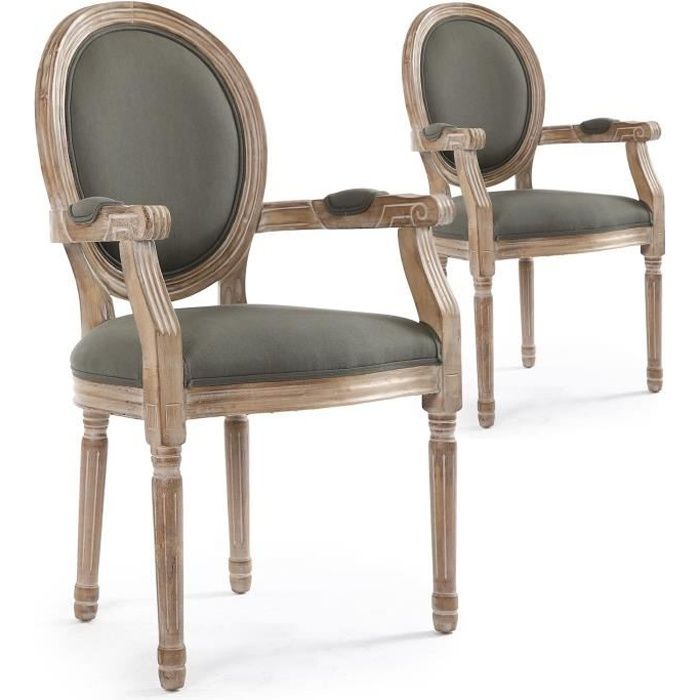 chaises médaillon louis xvi cosy - menzzo - lot de 2 - bois patiné - accoudoirs - tissu gris