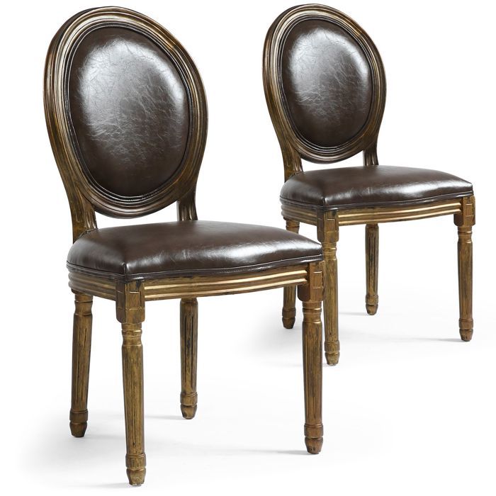 MENZZO Lot de 2 chaises médaillon Louis XVI Bois massif patiné Or et Simili (P.U) Marron - Chaises Salle À Manger MENZZO Lot de 2 chaises médaillon Louis XVI Bois massif patiné Or et Simili (P.U) Marron - Chaises Salle À Manger
