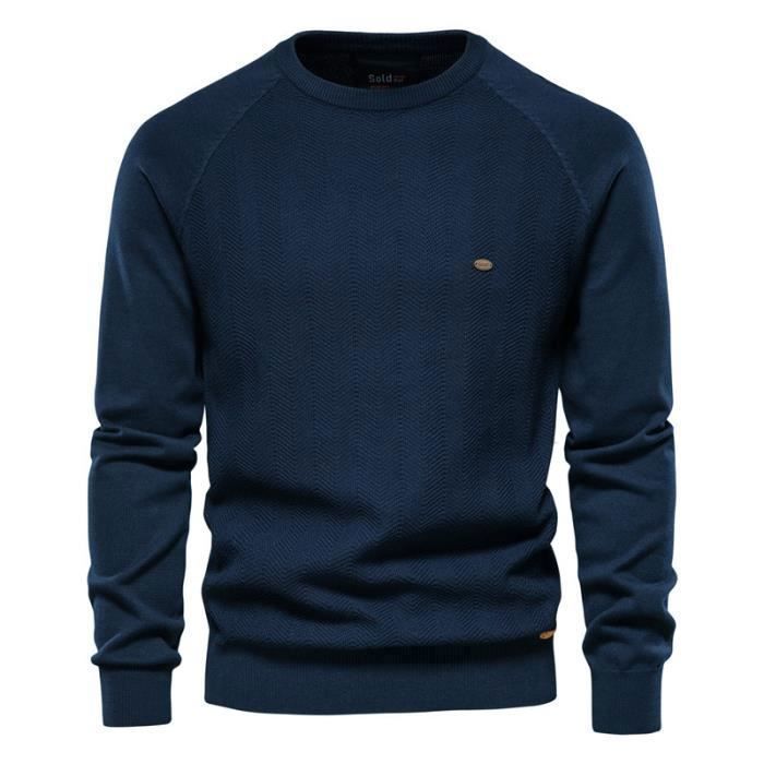 Pull Homme,Manches longues Pulls Homme Col Arrondi,Couleur unie en Maille  Pull-Over Tricot l'automne Hiver-Bleu marine