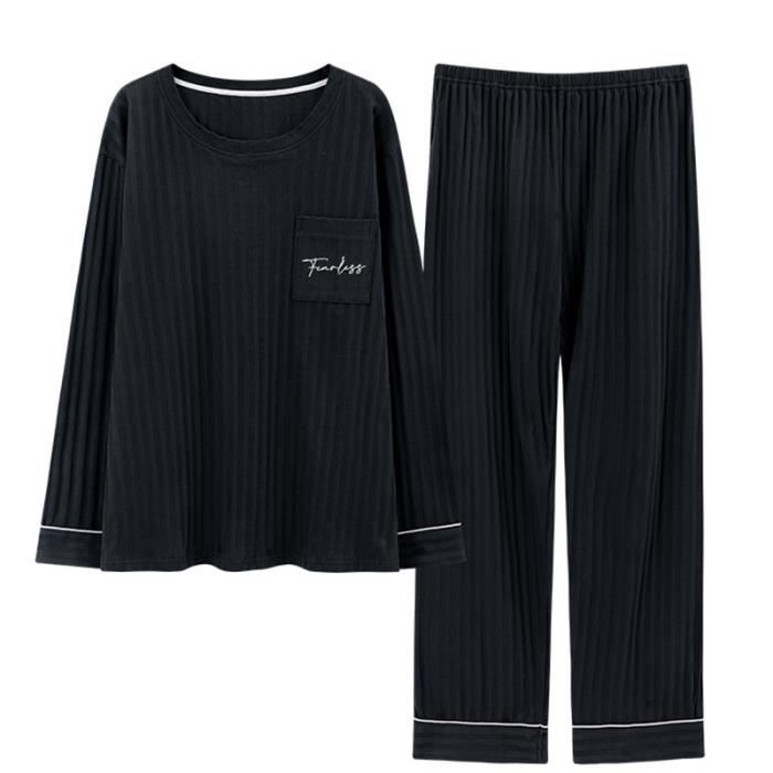 Pyjama Homme Hiver Coton Manches Longues - Ensemble Col Rond Avec Manches Raglan Et Taille Réglable - Confort Chaud