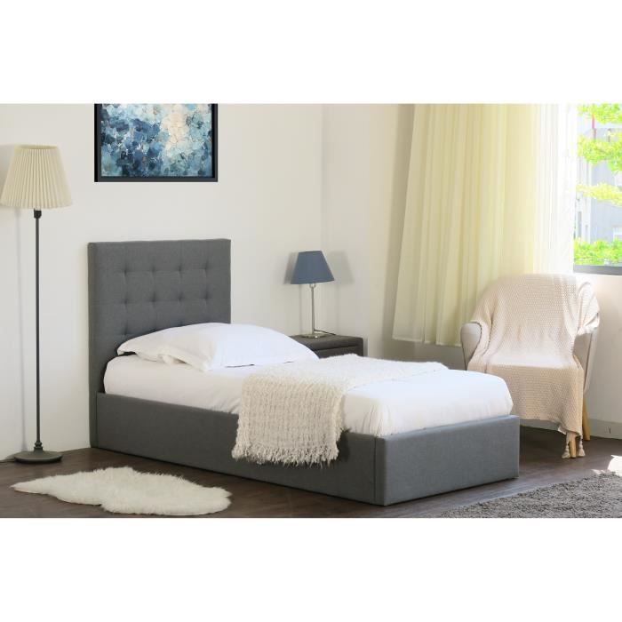 Lit design gris LUXOR 90x200 cm une place, avec sommier, pour une chambre adulte ou ado. Blanc