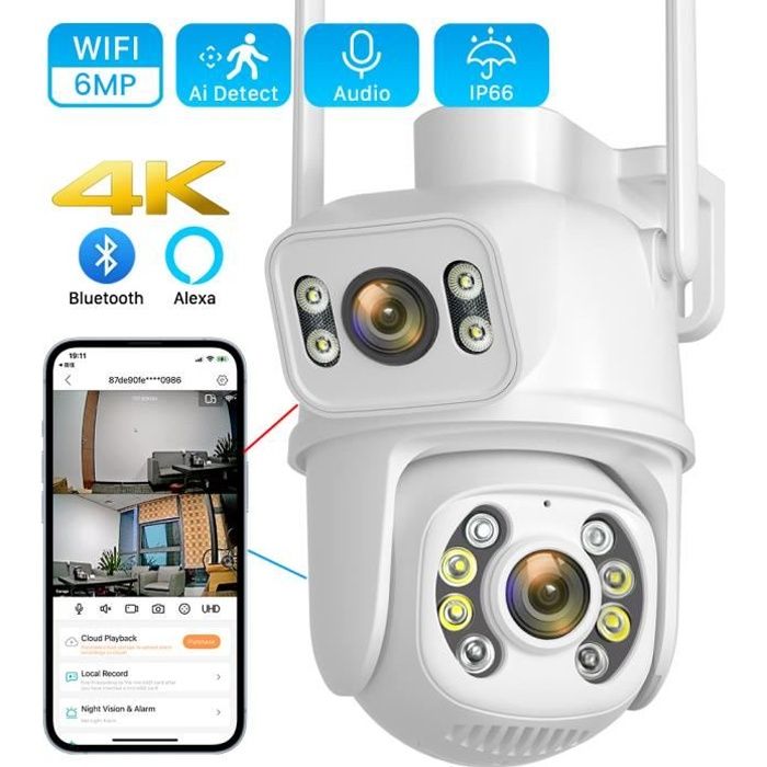 Camera de Surveillance WiFi Exterieure, Surveillance de Securite 6Mp Double Objectif , Vision Nocturne couleur IP66