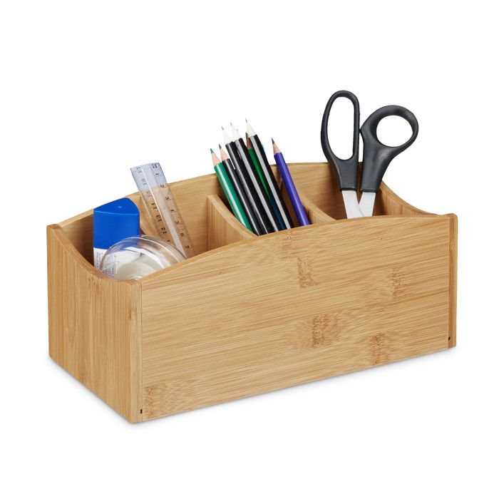 Relaxdays Organiseur De Bureau En Bambou Avec 2 Tiroirs - Porte-Stylos Naturel