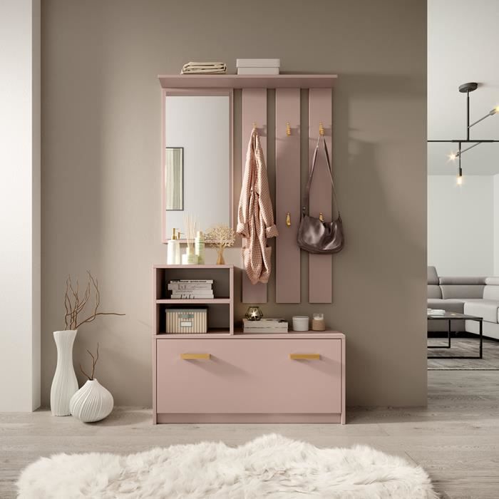 vestiaire d'entrée - meuble d'entrée - yesfir - 85 cm - rose poudré - armoire à chaussures - portemanteau - miroir
