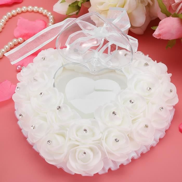 Oreiller Porte-alliance En Forme De Cœur – Satin Blanc – Mariage – 33 X 30,5 Cm