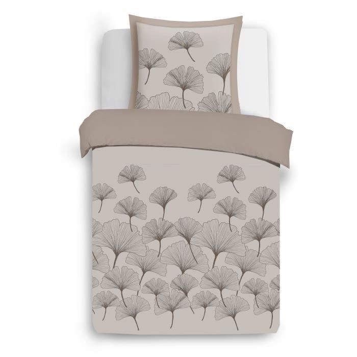 Parure De Lit Réversible Ginko Beige Vision - Housse Couette 240x220 Cm 100% Coton Pour Lit 2 Places
