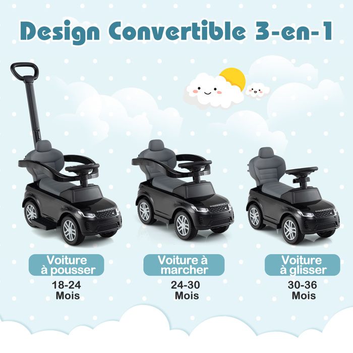 COSTWAY Lamborghini 3-en-1 Porteur Enfant – Poignée Amovible – Volant Klaxon – Range-jouets – 18-36 Mois – Charge 25kg