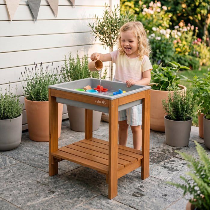 Roba Cuisine Sable Et Eau En Bois Massif Teck – 2 Bacs + Couvercles, Table De Boue 18 Mois – 8 Ans