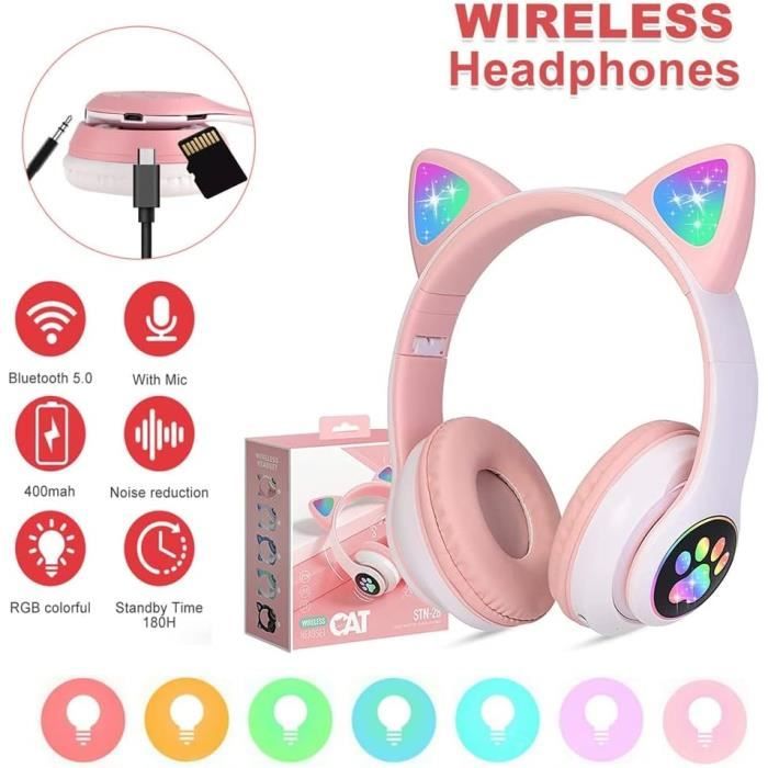 Casque Audio Sans Fil Oreilles De Chat Avec Lumière Effets Colorés Gaming Rose Rose YONIS - Casque Bluetooth - Casques audio
