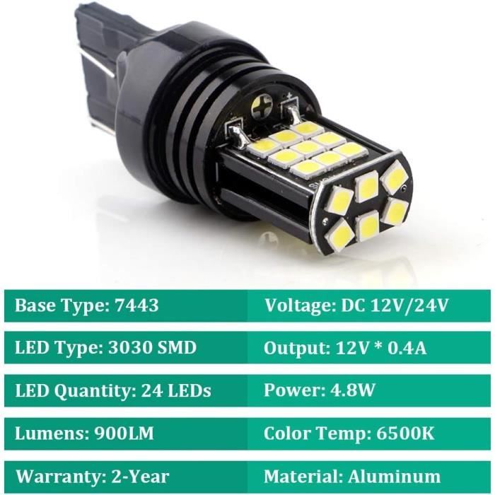Ampoules LED 7443 T20 W21/5W Blanc 1500LM – Feux Stop & Recul 3030 30SMD, Lot De 2
