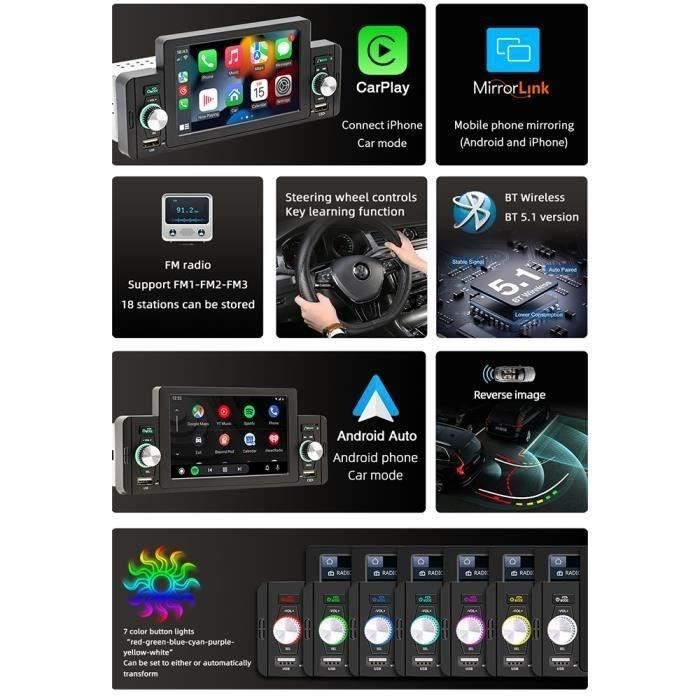 Autoradio Bluetooth Android Écran Tactile 5 Pouces Radio Stéréo de Voiture  Lecteur MP5 Support Mirror Link, Carplay - Cdiscount Auto