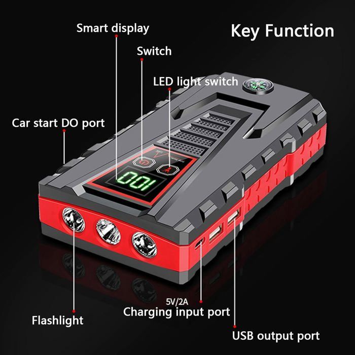 Booster Batterie Voiture 6000A,Demarreur Batterie Voiture,12V Démarreur de Voiture(8.0L Diesel/10.0L Gaz),Jump Starter Portable avec Compresseur Voiture, lumière LED,Pince Intelligente avec Écran
