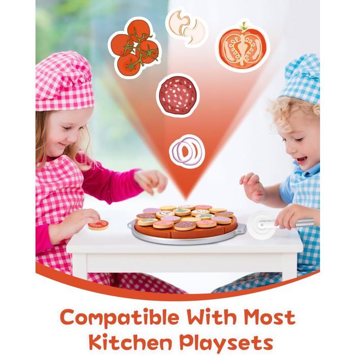 1 Ensemble Pizza Bois, 27 Pièces, Jouet Éducatif, Accessoires Cuisine, Enfant 3 Ans