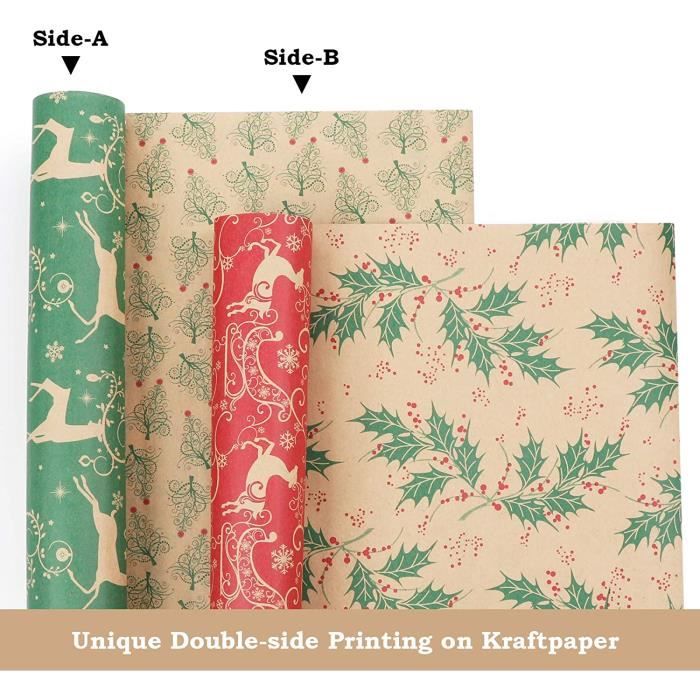 Rouleau De Papier Cadeau De Noël - 16 Mètres X 43 Cm - Kraft Recyclable à Motifs Festifs - Pour Emballer Tous Tes Cadeaux