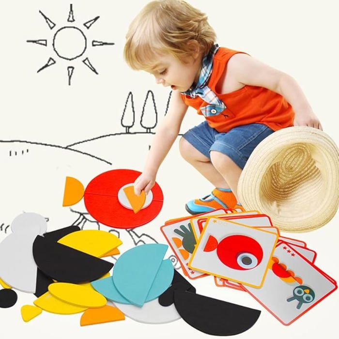 Jouet Montessori 3 Ans Dr. MUYA® Puzzle Tangram Montessori - 112 Pièces Bois + 20 Modèles - 3-5 Ans