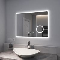 EMKE Miroir Salle de Bain LED 80 x 60 cm, avec Interrupteur Tactile + Anti-buée + Loupe 3 Fois + Horloge