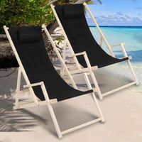 Izrielar Chaise longue pivotante pliante Chaise longue de plage Chaise en bois noir Avec mains courantes 2X CHAISE LONGUE