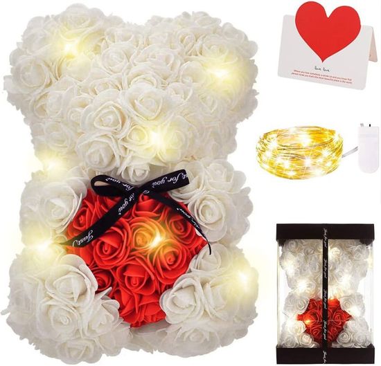 Ours En Roses Blanc - Teddy Bear Fleurs 25 Cm - Cadeau Romantique Saint-Valentin