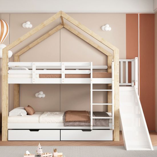 Lit Mezzanine Enfant 90x200 Cm Avec Toboggan Et Tableau Noir | Bois Massif, échelle Sécurisée, Espace Rangement, Blanc