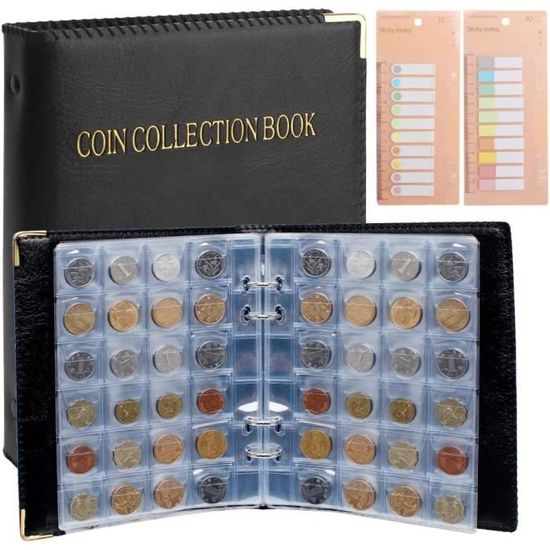 Livre Pieces de Monnaie Collection 480 Poches,Album Pièces 2 Euros 3.5x3.5/ 4.5x4.5 cm,Rangement Pieces de Monnaie Transparent,Classeur Piece Collection avec Zip pour Monete,Badges,Penny