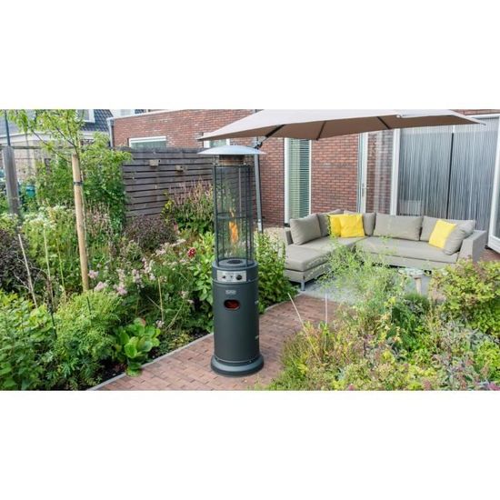 Parasol chauffant gaz, chauffage exterieur gaz, chauffe terrasse gaz -  Modell Flameheater Round 11000, avec grille de protection, métal, noir 