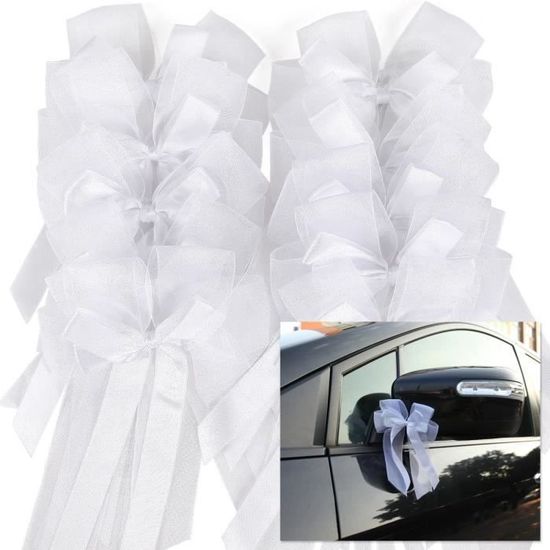 10 Nœuds Blancs Pour Décoration Voiture Mariage - Ruban Polyester Avec Cœur - Pour Rétroviseurs, Poignées, Cadeaux
