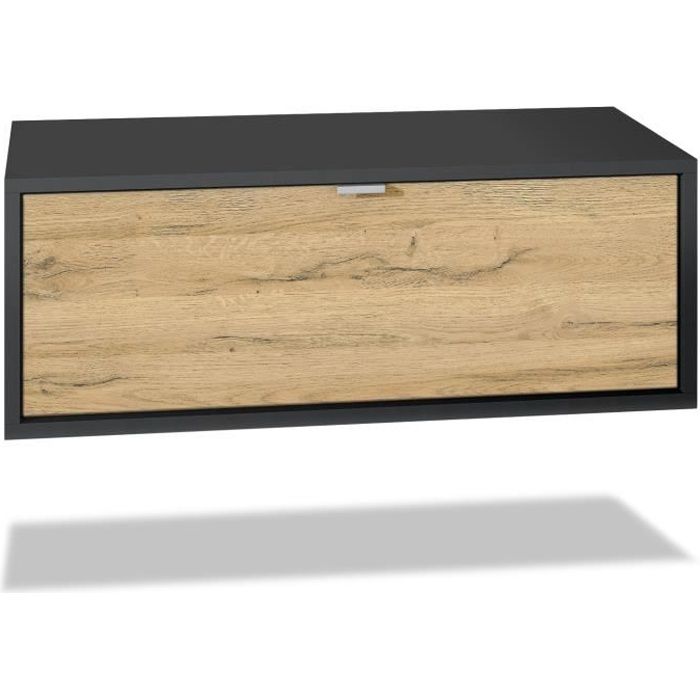 Meuble TV Lana 80 armoire murale lowboard 80 x 29 x 37 cm, caisson en noir mat, façades en Chêne Nature