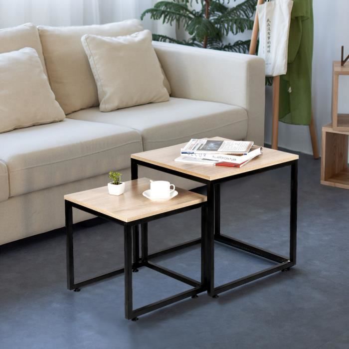 YIDS Lot de 2 Tables basses gigognes design industriel 50x50cm+40x40cm - Pied en métal noir - Style industriel
