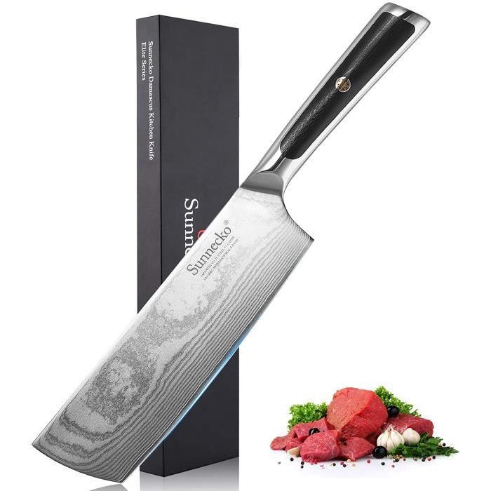 Sunnecko Couperet Couteau Damas 18cm Feuille de Boucher Couteau de Chef Couteau Japonais Lame en Acier Damas 73 Plis VG-10 Fourré &P