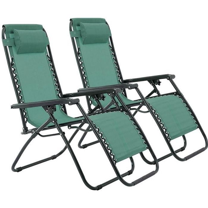DINGXIANG Lot de 2 Fauteuils inclinable - Chaise de plage pliante d'extérieur verte - Charge max 120 kg - Acier, Oxford (polyester)