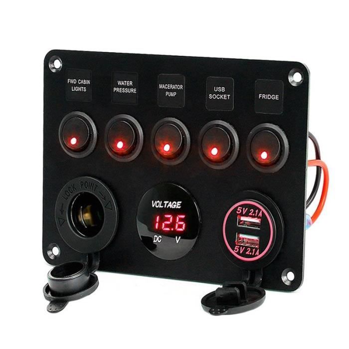 Phares et optiques,Panneau de commutateurs à bascule pour voiture, 5 gangs, LED, 12V, prise électrique, double Port USB - Type Red
