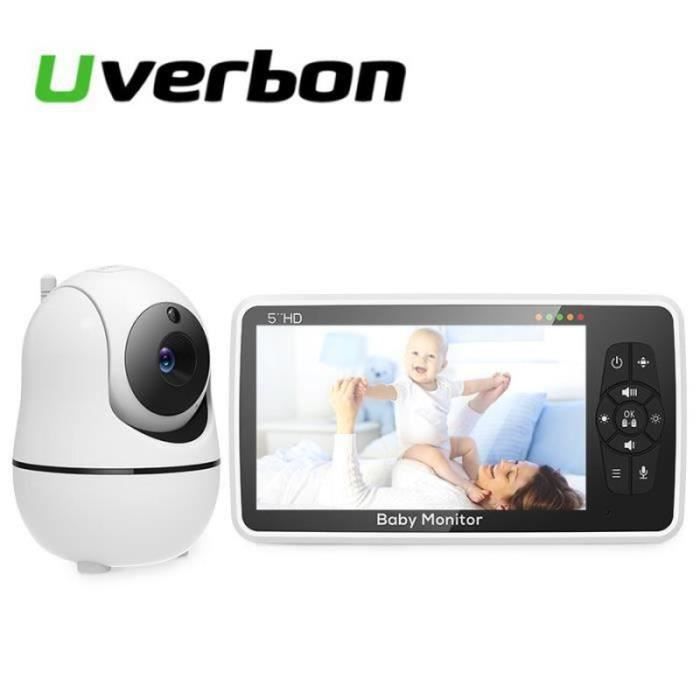 UVERBON Babyphone Vidéo 5 LCD Rotation 360 sans fil 24GHz Vision Nocturne Surveillance de la température Portée 300m Blanc