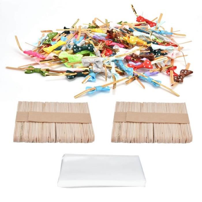 EJ.life Sac de friandises de sucette 100Set Lollipop PVC Treat Sacs Bowknot Ties Bâtons De Bois pour Biscuits Au Chocolat De