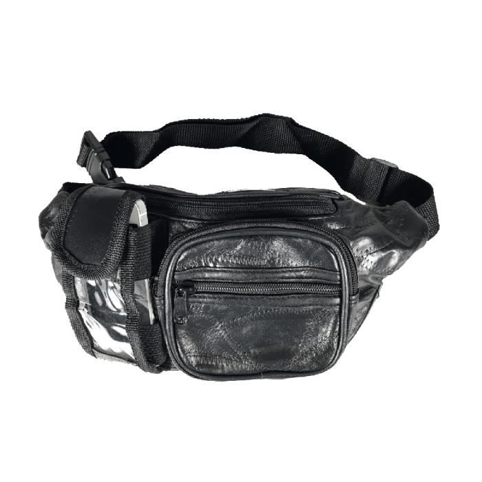 Sacoche banane multi-poches en cuir d agneau - Noir