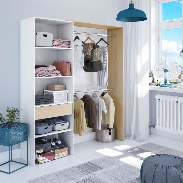 DRESIO - Armoire dressing avec étagère de 60cm, 2 penderies et 1 tiroir. Style scandinave